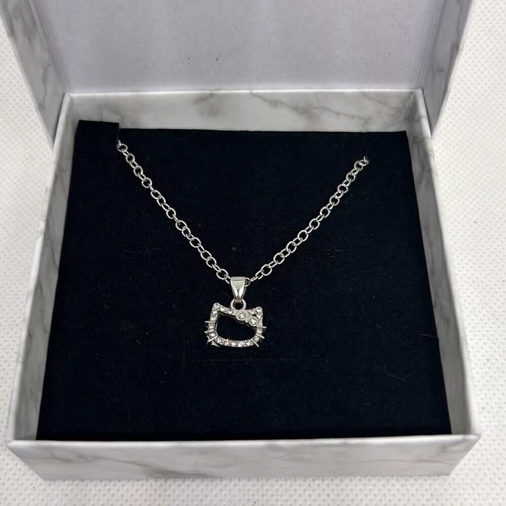 Hello Kitty Silver-Tone Necklace with Rhinestone Accents – NEW